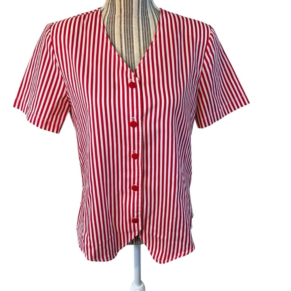 Vintage Top Size 10 Lauren Lee Red White Stripes Button Down Lightweight